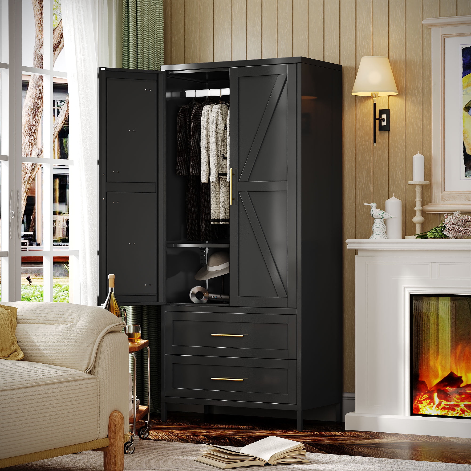 GangMei Metal Storage Cabinet Locker with 2 Drawers, Large Steel Cabinet with Hanger Rod and Adjustable Shelf for Living Room,Office,School,Gym,Garage,(Black)
