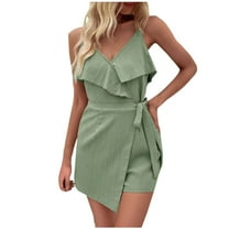 cfhntfmh Jumpsuit for Women Trendy Deep V Neck Adjustable Strap Layered Belted Outfits Summer Flowy Shorts Rompers