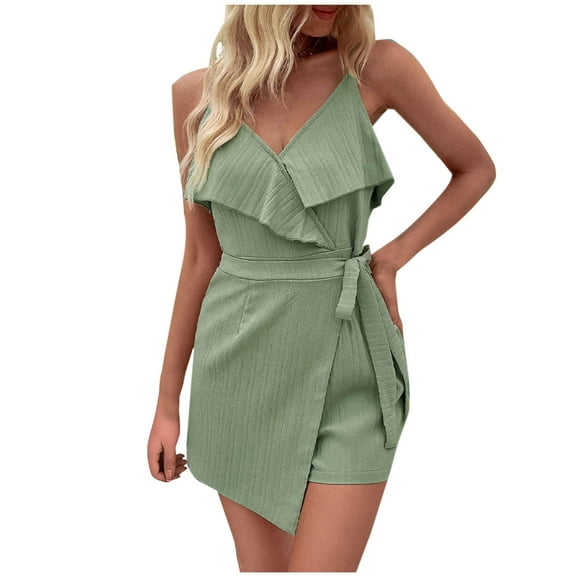 cfhntfmh Jumpsuit for Women Trendy Deep V Neck Adjustable Strap Layered Belted Outfits Summer Flowy Shorts Rompers