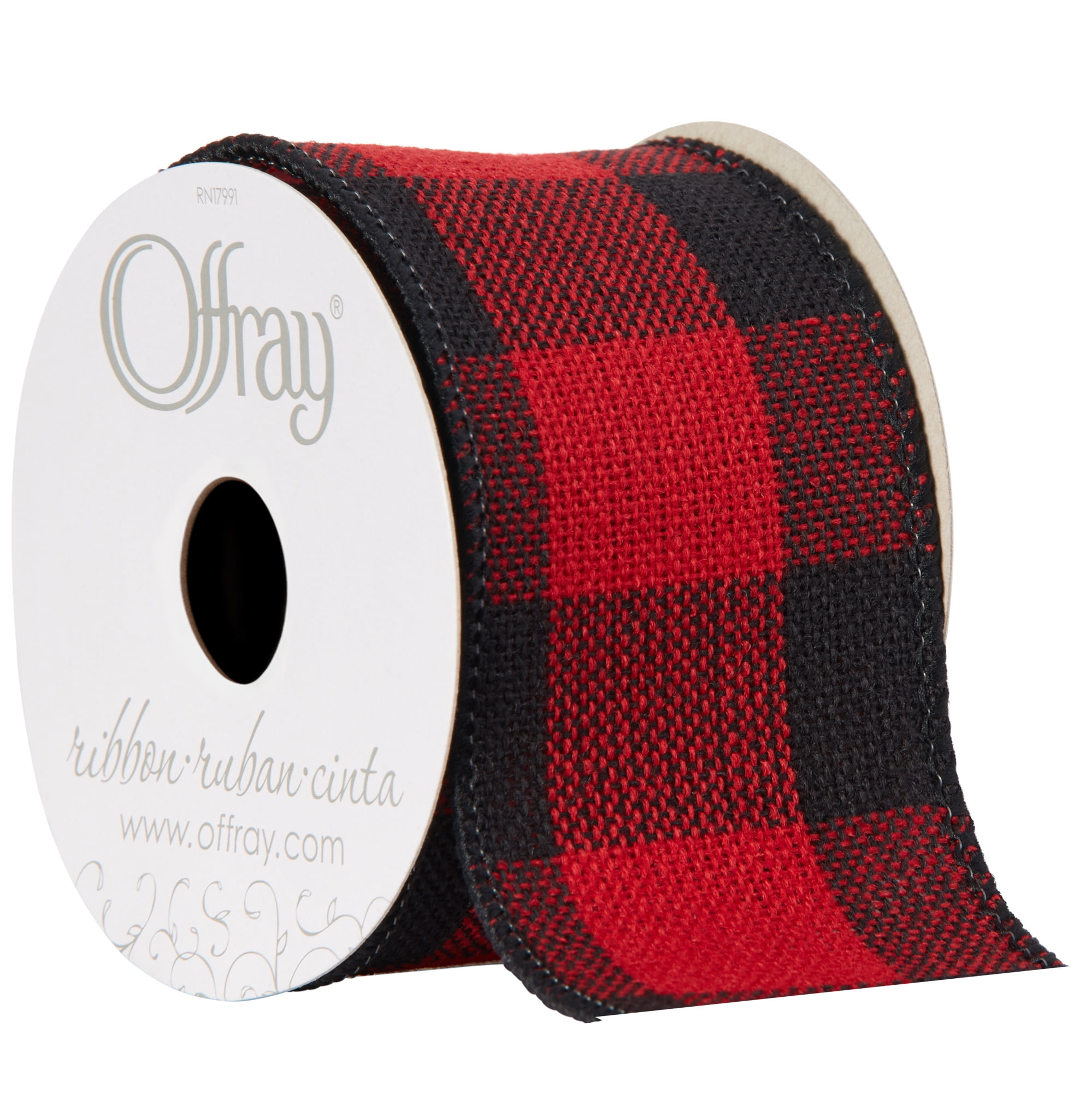 Offray Ribbon, Red and Black Buffalo Check 2 1/2 inch Wired Edge Woven Ribbon, 9 feet
