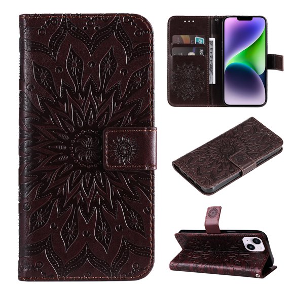 Allytech for Apple iPhone 15 Case Wallet, Mandala Embossed PU Leather Flip Folio Cover Cards Slots Stand Protective Shockproof Wallet Case Cover for Apple iPhone 15 - Brown