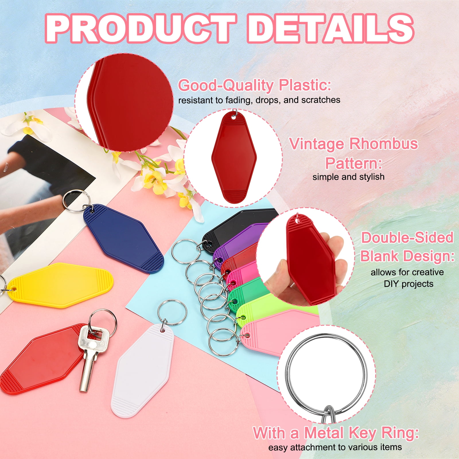 Uxcell 55 Pcs Blank Hotel Keychain Tags - Purple Red Vintage Motel Key Tag Plastic Rhombus Keychain with Key Ring,[for Vinyl DIY Crafts Car Ornament Sublimation Luggage Label]