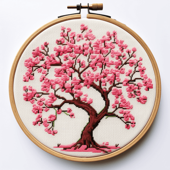 Cherry Tree DIY Stamped Cross Stitch Kits for Beginners Easy with Hoop 11CT Needlepoint Embroidery Counted Cross Stitch Kits Art Craft Wall Decoration 30x30cm(1)