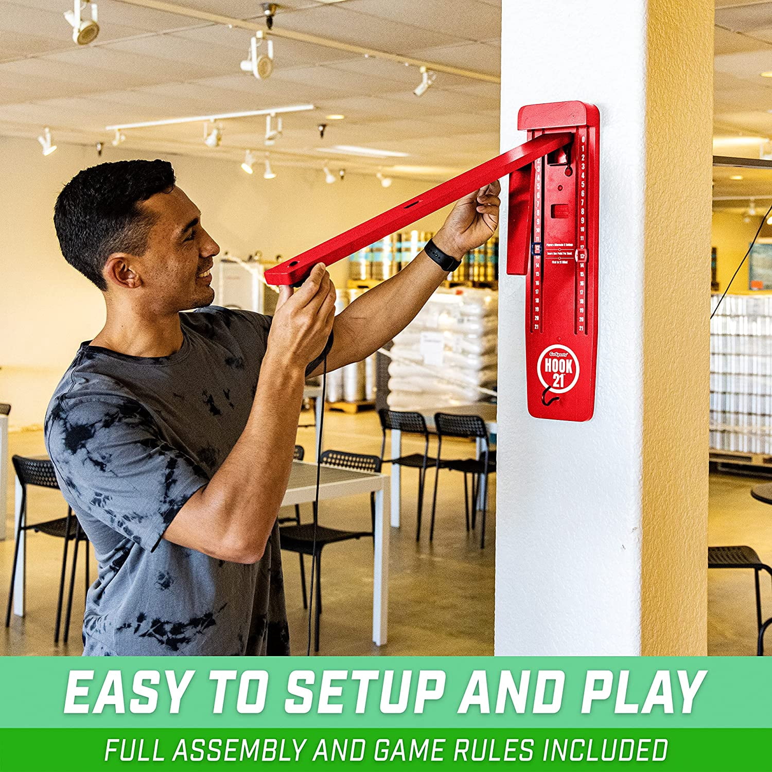 GoSports Hook21 Ring Swing Game - Indoor or Outdoor Ring Toss Game with Foldable Arm - Red