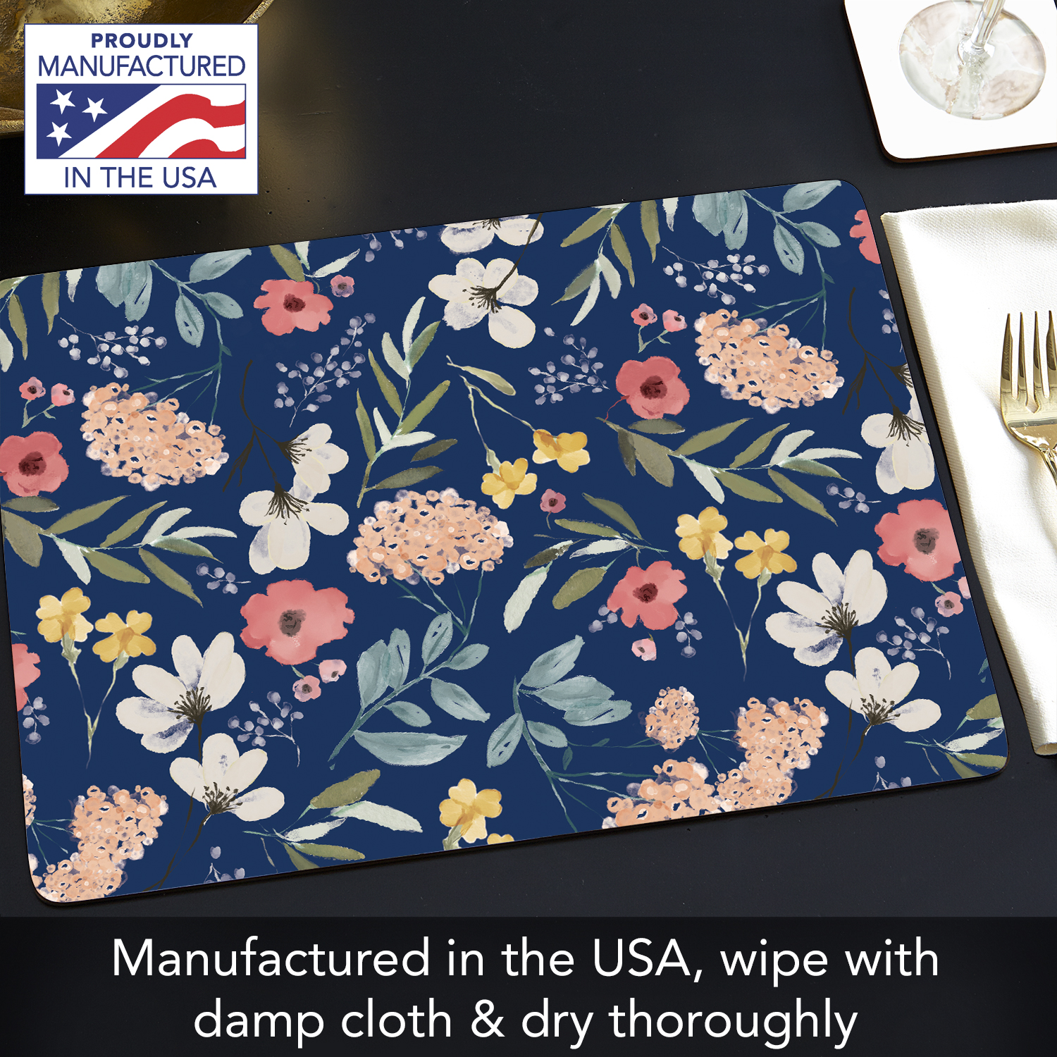 CounterArt "Blue Meadow Floral" Hardboard Tabletop Placemats 4-Pack