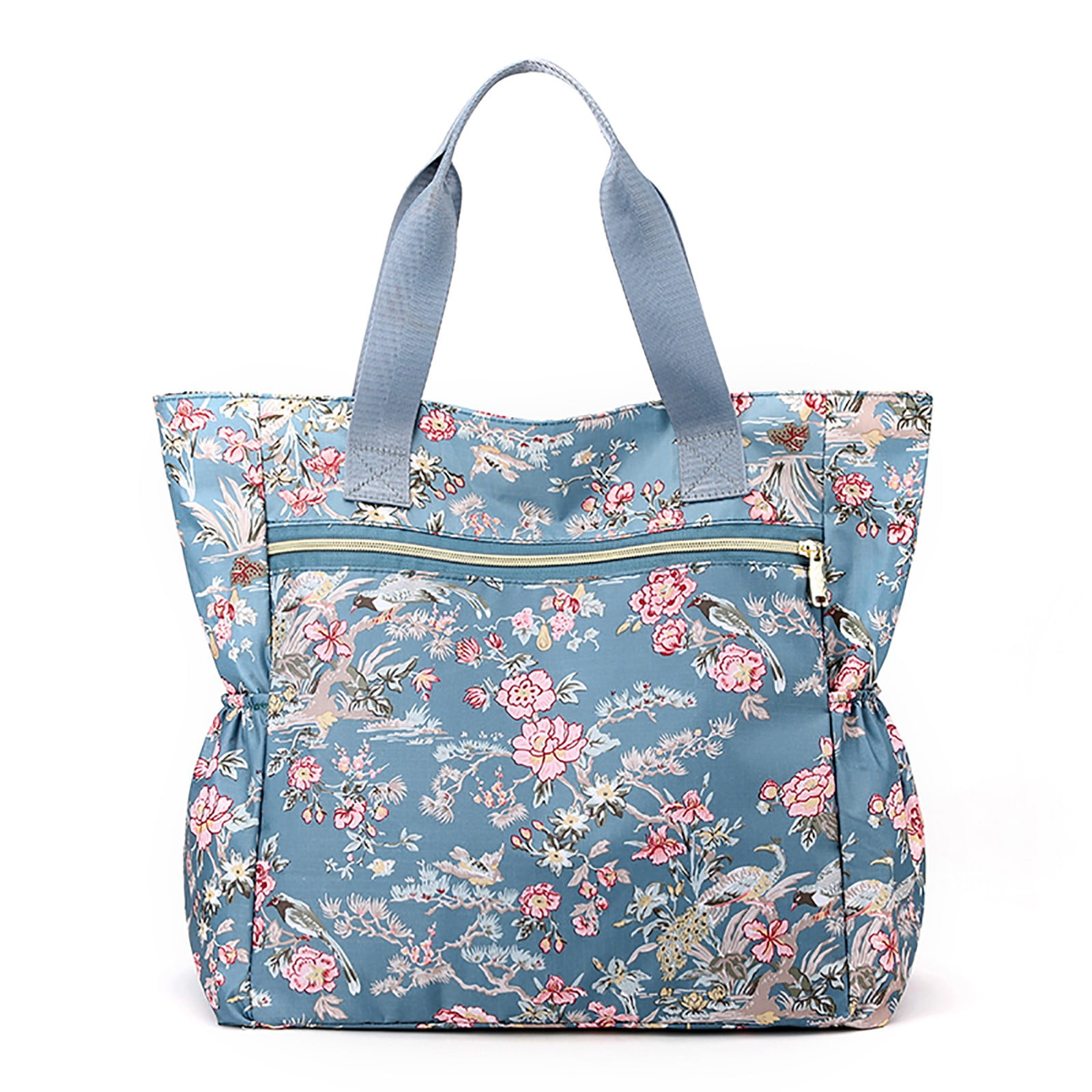 Maison d' Hermine Shopping Bag Cotton Quilted Tote Bag with Zipper Pockets  & Small Pouch Shoulder Bag Grocery Bag for Gifts Work Beach Travel Lunch  Perfect for Men Women (Just Floral) 