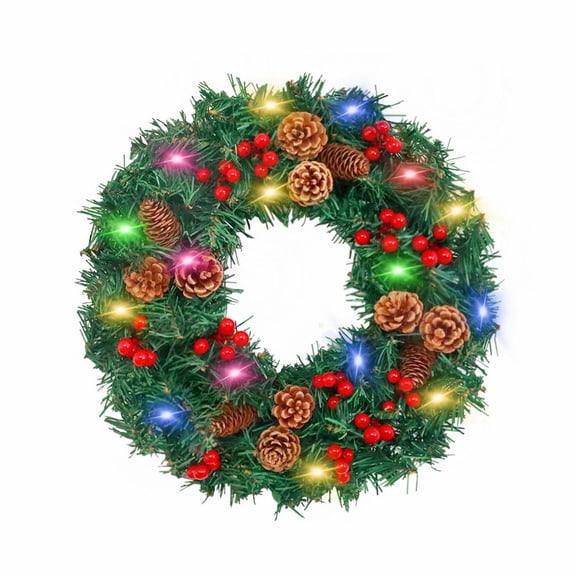 Christmas Wreath Front Door Decoration Lit Garland with Battery Operated String Lights and Ornaments