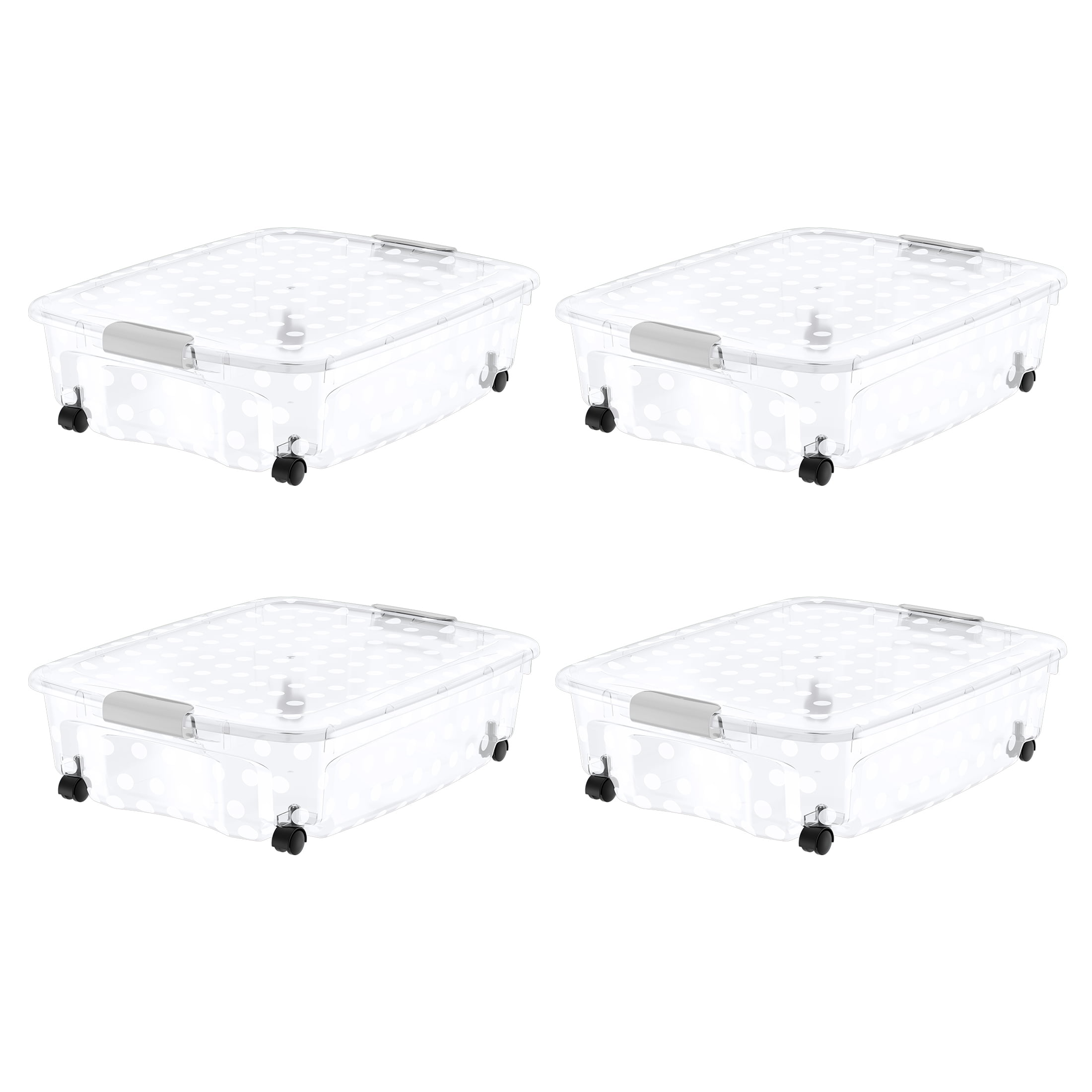 Bella Storage 36.5 Quart Underbed Clear Polka Dot Plastic Latching Lid Tote with 360 Degree