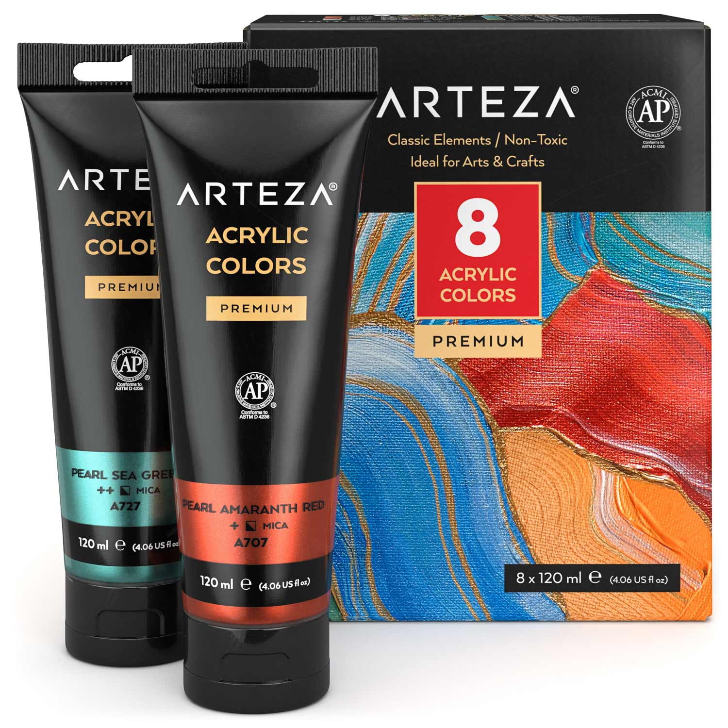 Arteza Acrylic Artist Paint Set, Metallic, 120ml Tubes, Assorted