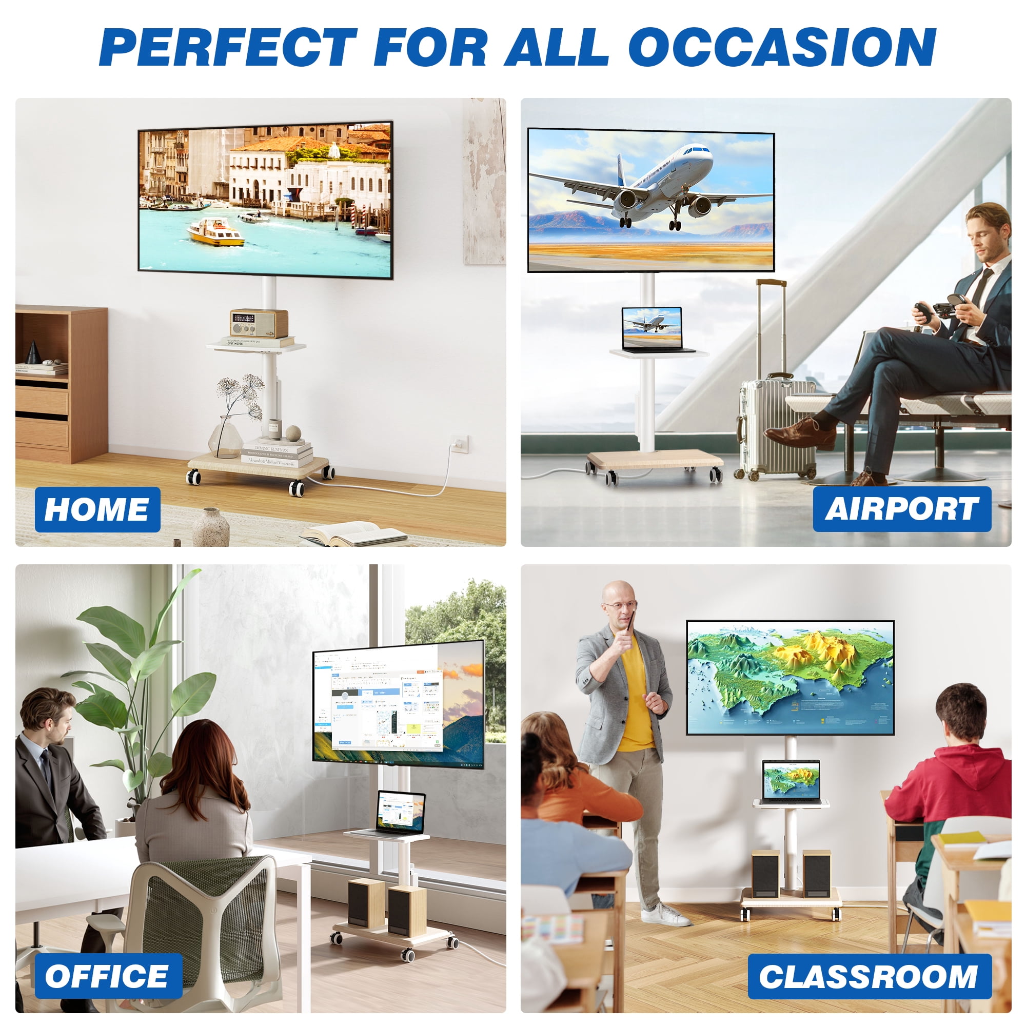 RTVR Mobile TV Stand with Wheels for Home Decor, with Power Outlet Heavy Duty TV Stand Wheels for 32-60 Inch TVs, White