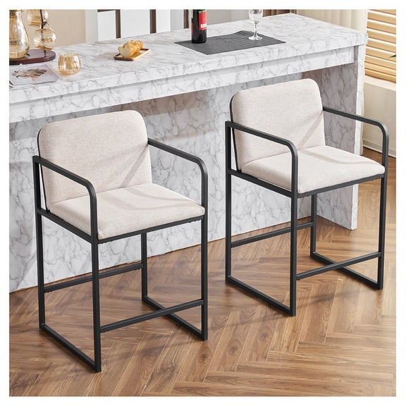 Bar Stools Set of 2, Counter Height with Armrests - Modern Upholstered Kitchen Island Chairs, Beige Metal Frame Dining Stool for Home Bar, Restaurant