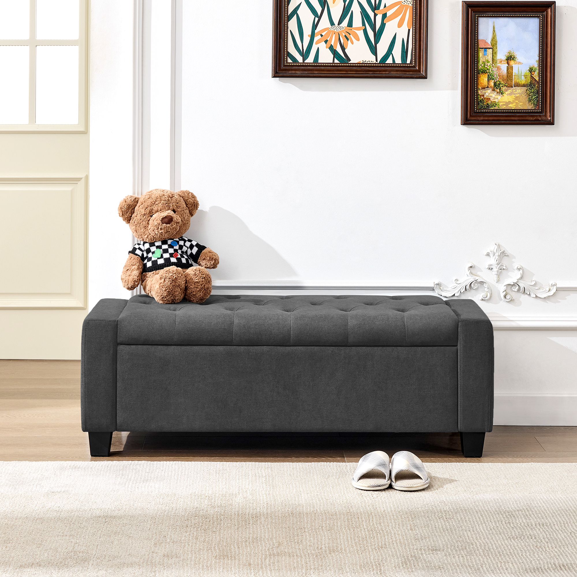 Huatean Home 48" Ottoman Storage Bench Upholstered with Safety Hinge, Dark Gray