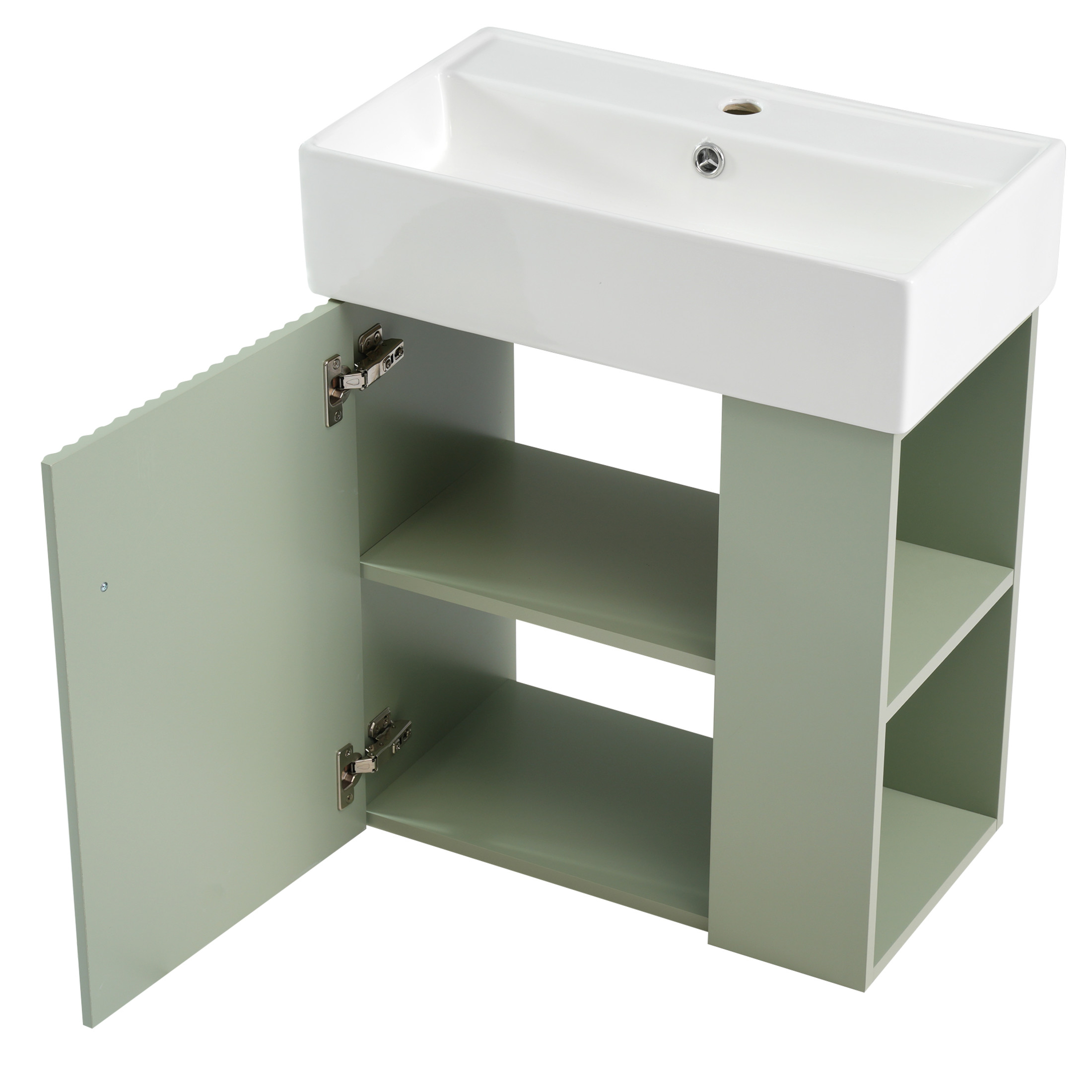 Noble House 21.6" Floating Bathroom Vanity with Ceramic Sink, Right Side Storage, Wave Door & Gold Handle, Green