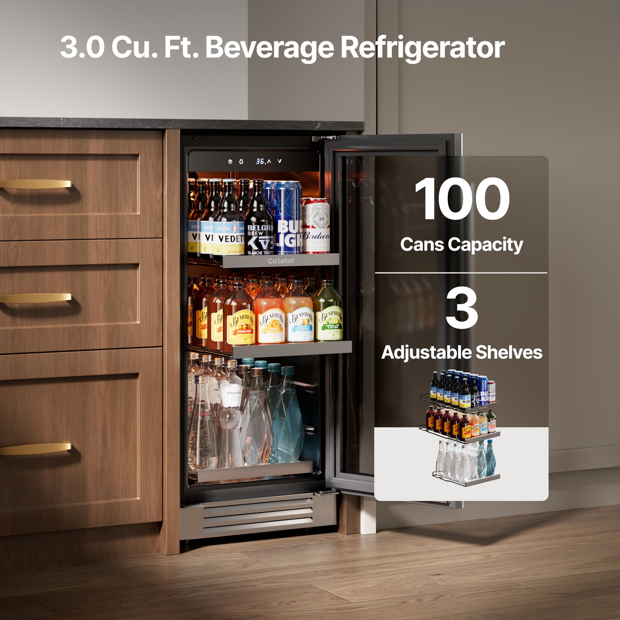Ca'Lefort 15'' Beverage Refrigerator Cooler,100 Cans Beverage Fridge,Built in or Freestanding Beverage Center with Stainless Steel Door