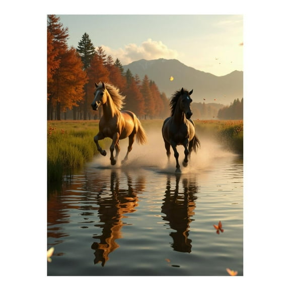 Diamond Art Kit for Adults, Horses Running Autumn Water Reflection Diamond Painting for Adults Beginners, 5D DIY Diamond Art Painting Kits, Colorful Diamond Painting Craft for Home Decor 12x16
