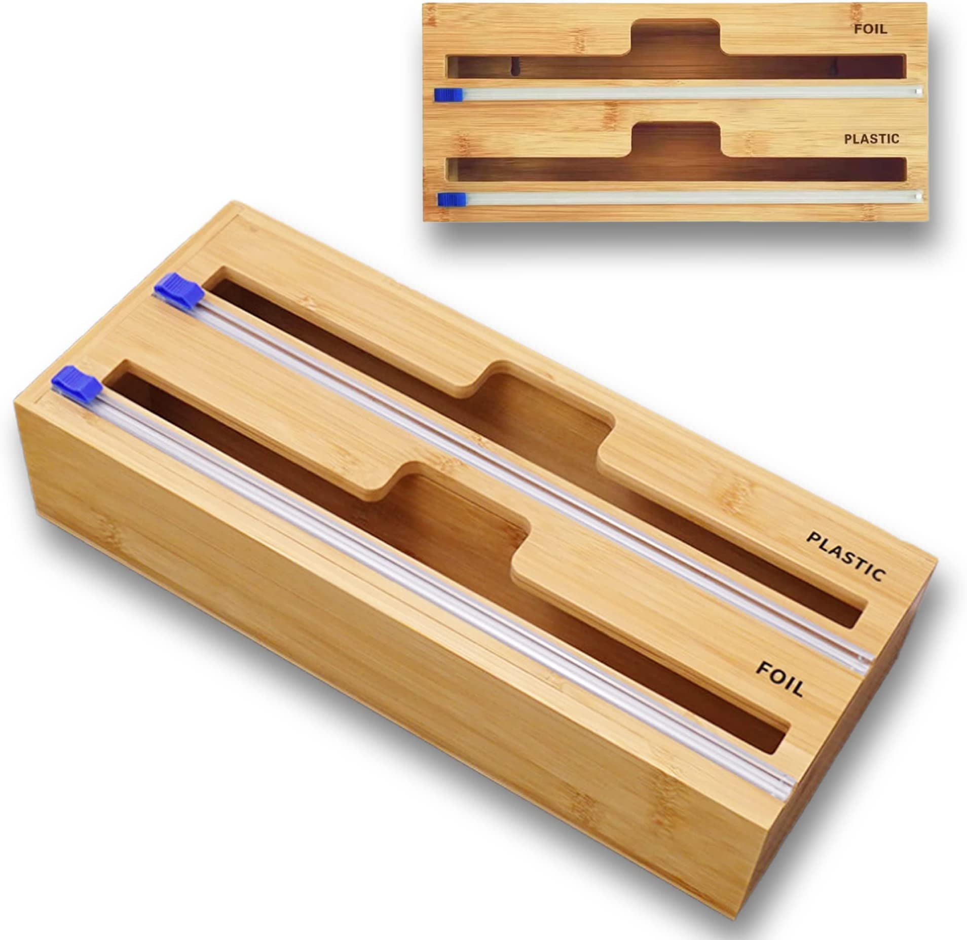 Plastic Wrap Dispenser with Cutter, Happiwiz Ziplock Bag Organizer, Wrap Aluminum Foil and Wax Paper Dispenser for Kitchen Drawer, Bamboo Roll Organizer Holder, Compatible with 12' Roll