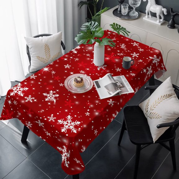Red Snowflake Christmas Table Cloth Waterproof Tablecloths, Xmas Snowflake Modern Art Winter Tablecloth Dining Table Cover for Kitchen Party Tabletop Outdoor, Rectangle Tablecloth 60x120 Inch