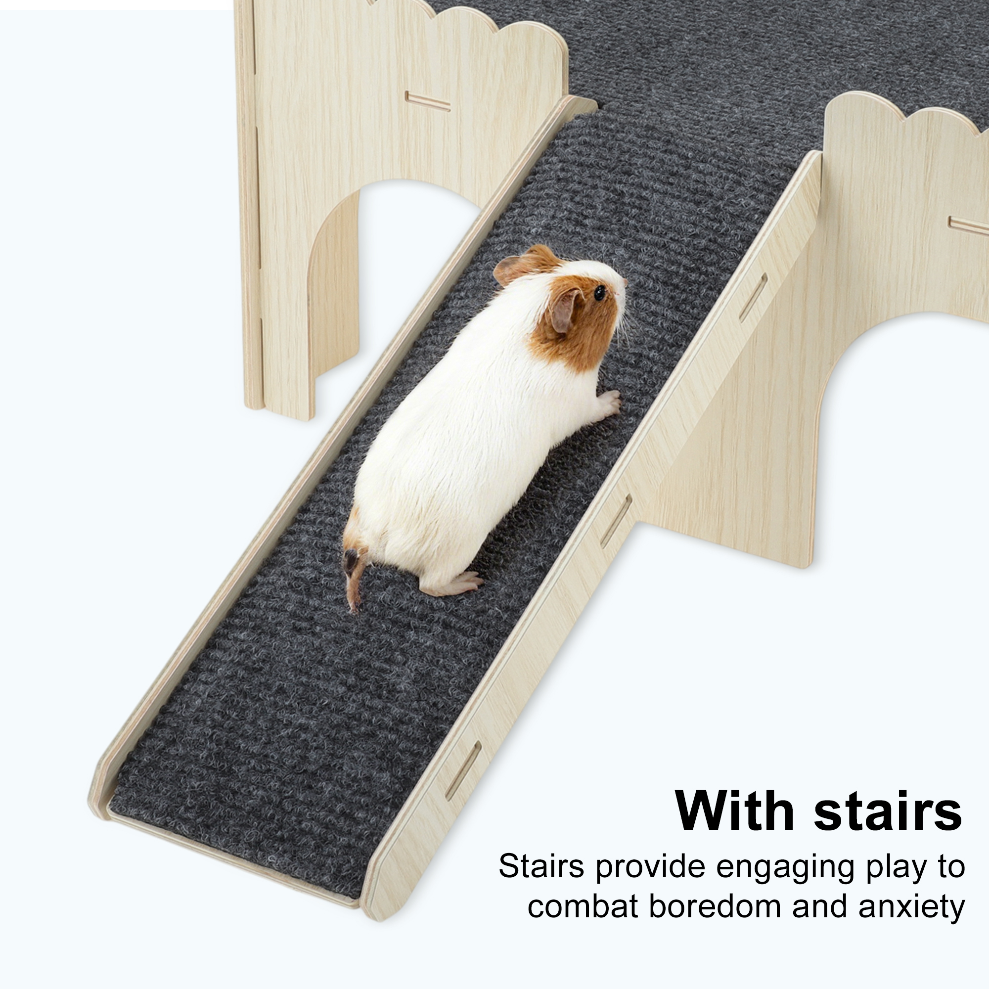 Unique Bargains Guinea Pig Hideout Wooden Small Animal Castle Habitat with Stairs Hamster Bunny Chinchilla Hideaway Hut for Playing Hiding Beige Black 1 Set
