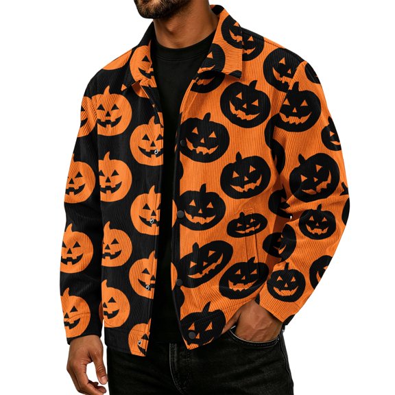 Havenx Mens Halloween Print Corduroy Jacket Long Sleeve Button Down Jackets with Pockets Lapel Collar Shacket Jacket Vintage Casual Western Fall Winter Clothing,Earthy Yellow 3XL
