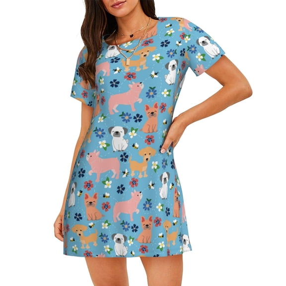 Logiee Cute Dog Print Nightgowns for Women,Soft Short-Sleeved Lightweight Sleepwear, Loose Sleepshirts