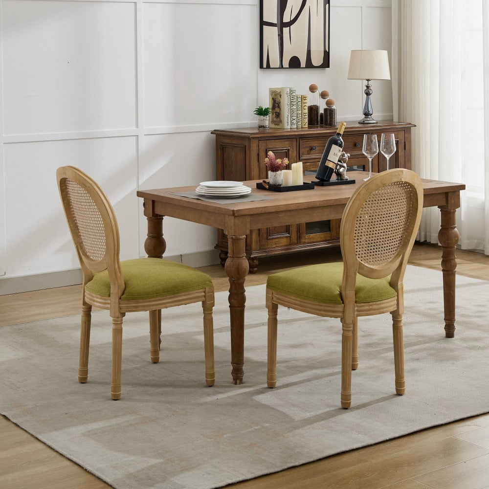 French Style Dining Chairs Set of 2, Solid Wood Upholstered Kitchen Chairs with Rattan Backrest, Linen Fabric, Antique Finish, Olive Green