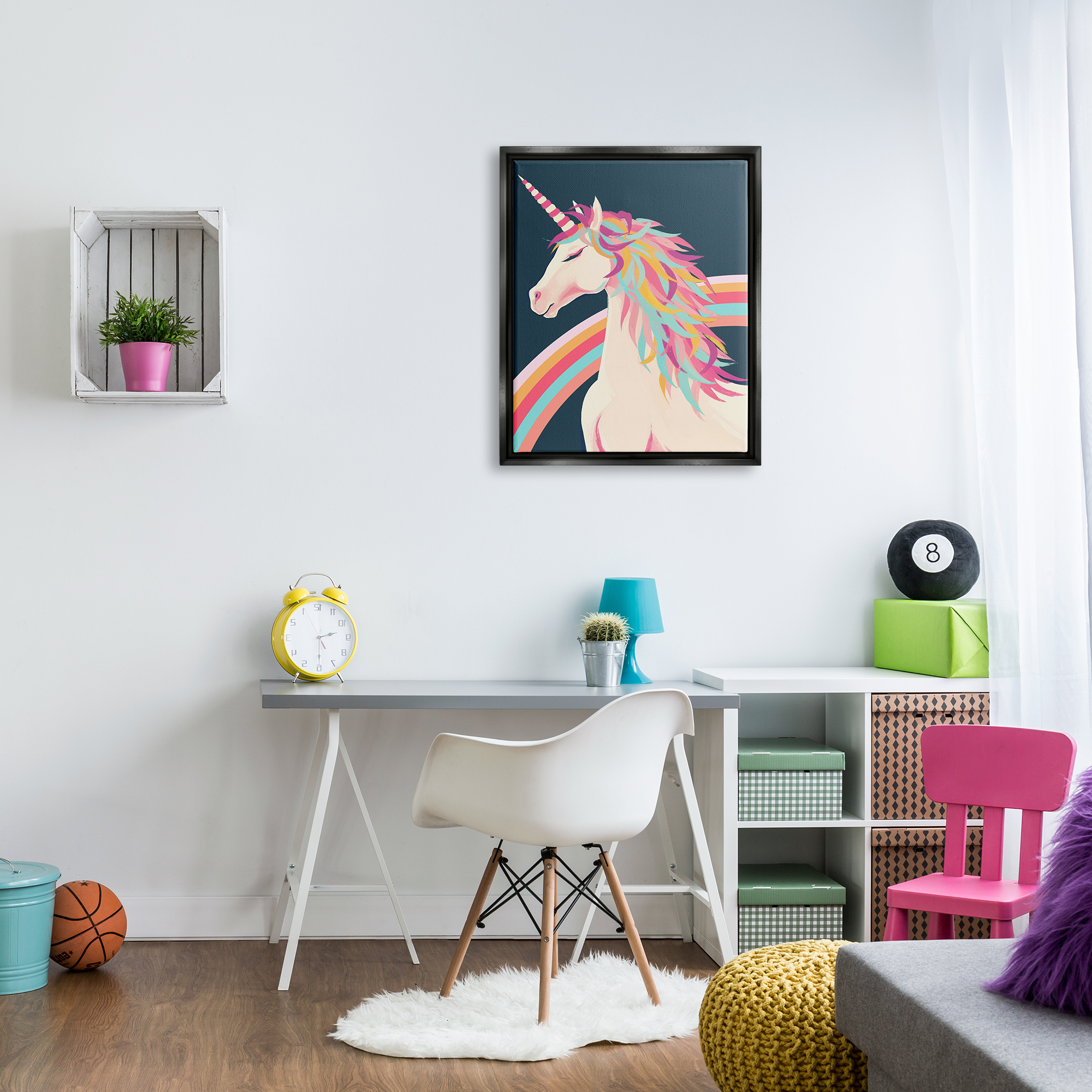 Stupell Industries Unicorn Rainbow Mane Fairy Tales & Fantasy Painting Black Floater Framed Canvas Art Print Wall Art, 25 x 31