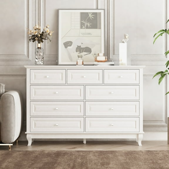 WIawg 9 Drawer Dresser with Carved Drawer Fronts & Solid Legs, 55.1" L White Modern Wood Storage Chest of Drawers for Bedroom, Living Room & Fitting Room