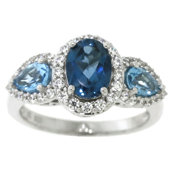 Brilliance 925 Sterling Silver Genuine London and Swiss Blue Topaz, with White Cubic Zirconia CZ accent Ring