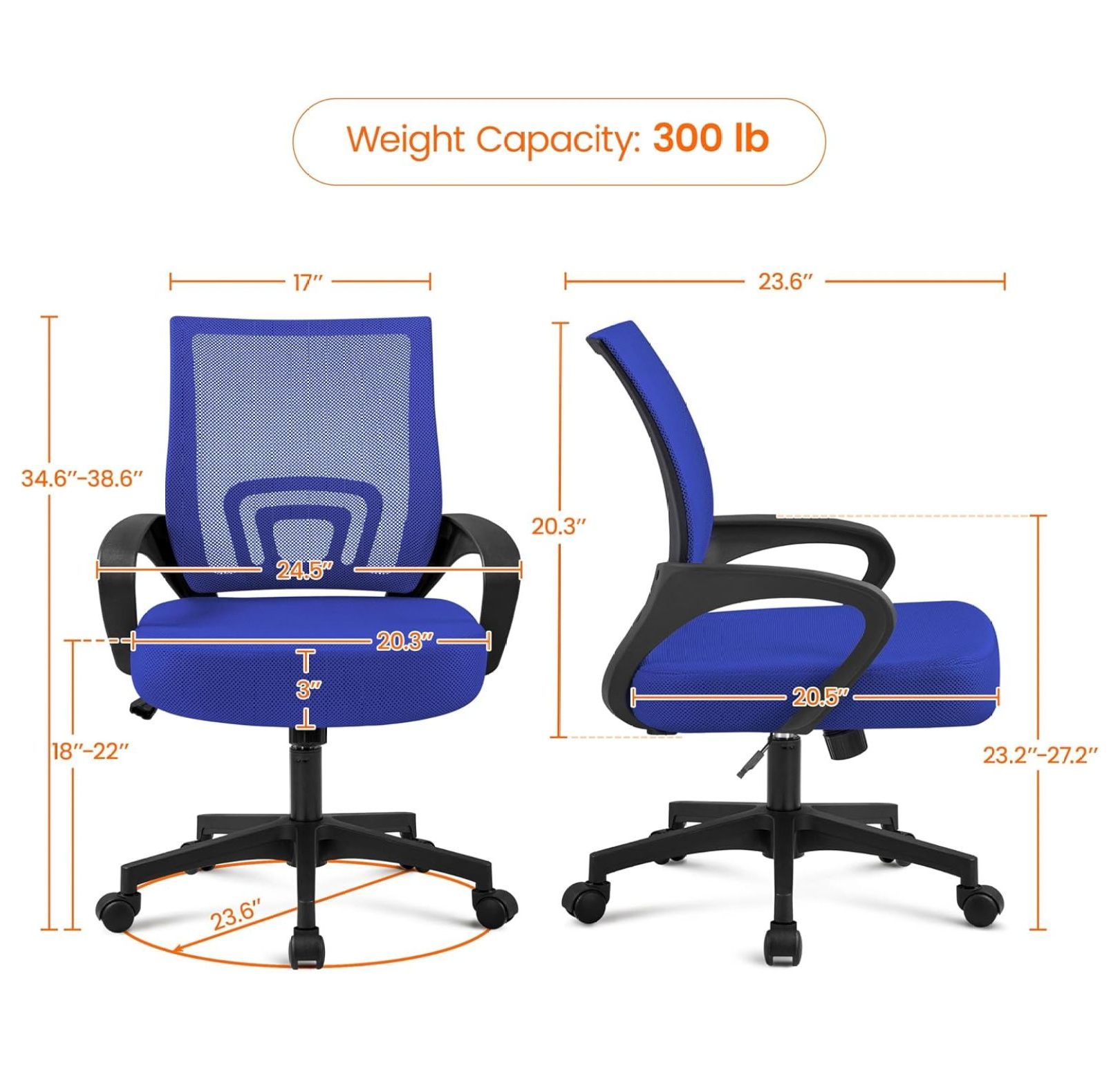Ergonomic Office Chair Desk Chair Mesh Back Adjustable Computer Chair with Lumbar Support Swivel Rolling Wheels for Home Office Blue