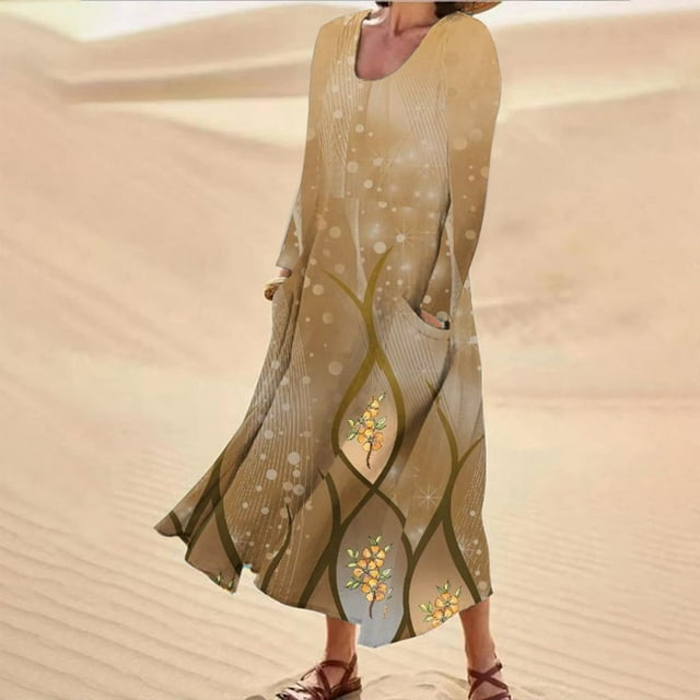 JUNWELL Robes Grande Taille pour Femmes Robes d'Été Print Robes à Manches Longues avec Poche jusqu'à 65% de Réduction