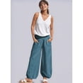 thumbnail image 6 of Women Cotton Palazzo Pants Summer Boho Wide Leg High Waist Casual Lounge Pant Vacation Outfits Peacock Green M, 6 of 9
