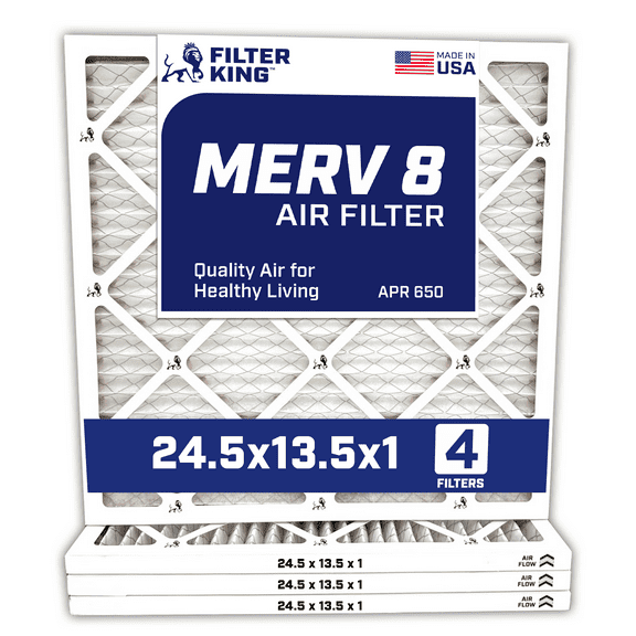 Filter King 24.5x13.5x1 Air Filter | 4-PACK | MERV 8 HVAC Pleated A/C Furnace Filters | MADE IN USA | Actual Size: 24.5 x 13.5 x .75"