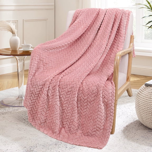 Exclusivo Mezcla Large Flannel Fleece Throw Blanket, Jacquard Weave Leaves Pattern (50" x 70", Pink)