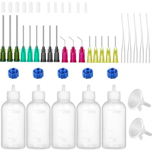 50ml Glue Precision Tip Applicator Bottle, Needle Squeeze 14ga 16ga 18ga 20ga 25ga Storage Cap Set 2