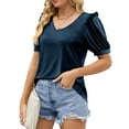 thumbnail image 4 of Bigersell Womens Casual Tops Fashion Women's Summer V-Neck Solid Short Sleeve Tops Blouse Women's Plus Swing Round Neck Short Sleeve Dress Shirts Style B27409, Navy XL, 4 of 9