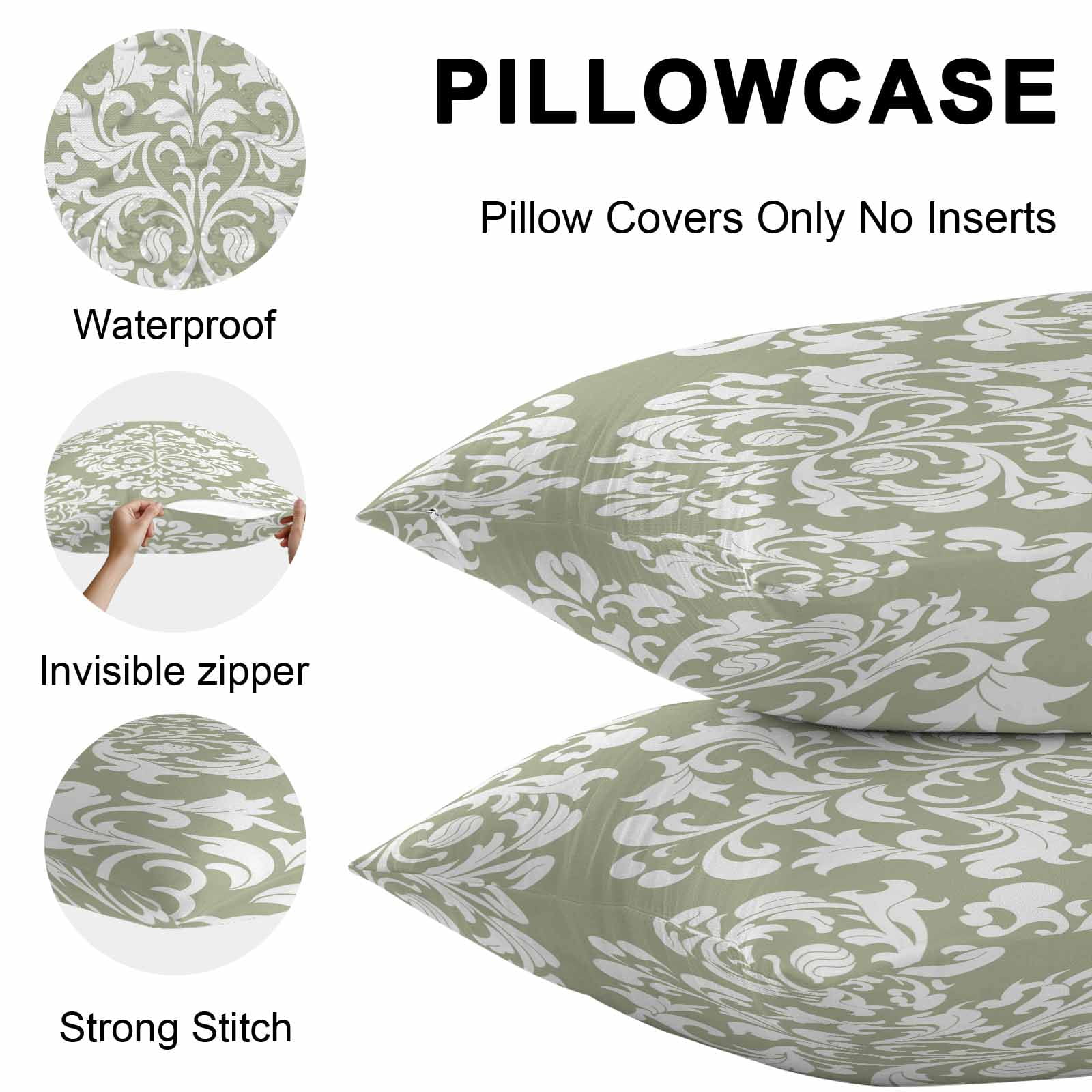 Baroque Sage Green Outdoor Pillow Covers 26x26 Inch Throw Pillow Covers Set of 2 Waterproof Decorative Pillow Cases Vintage Damask Classic Floral Cushion Covers for Patio Furniture Garden Couch Sofa