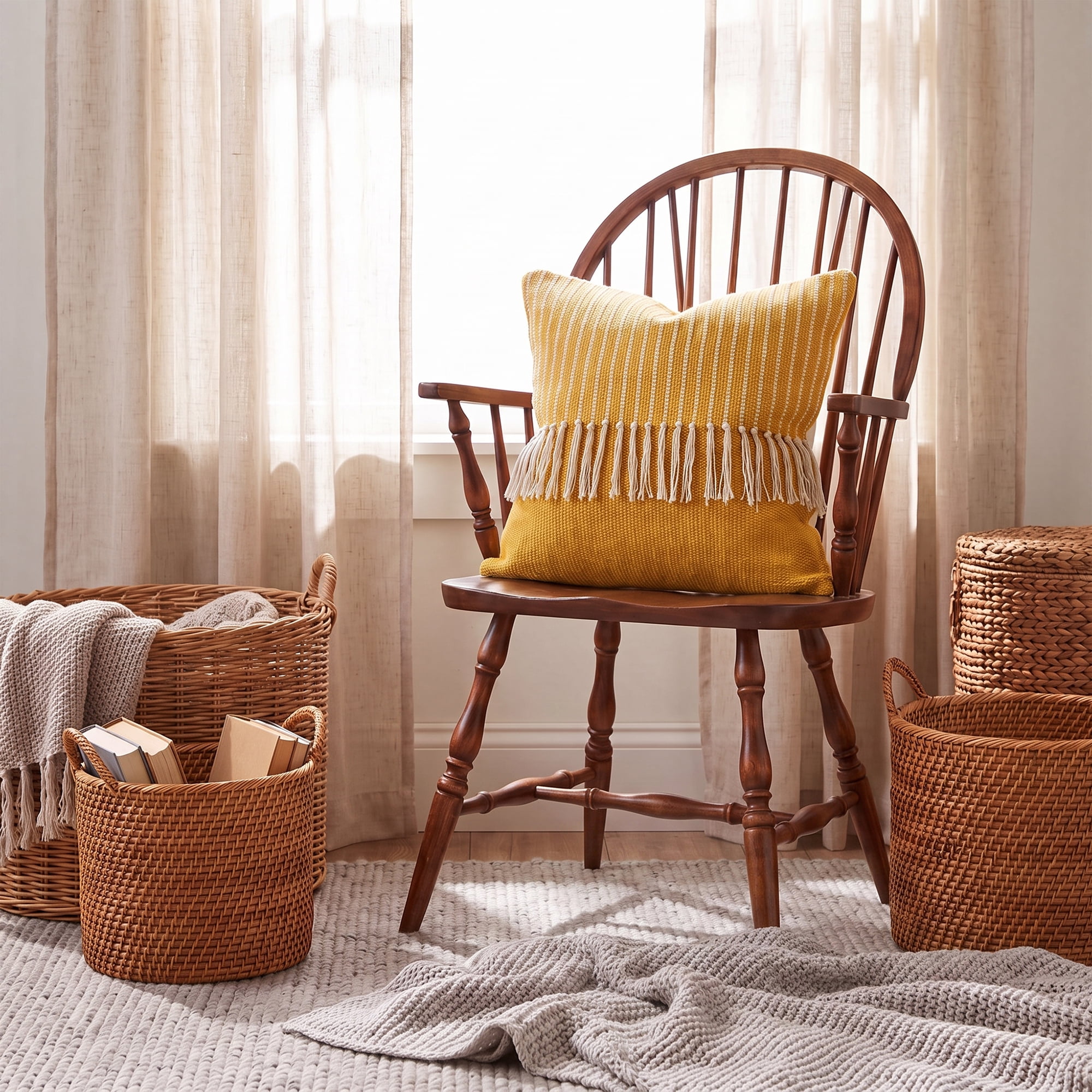 Unique Bargains Woven Striped Throw Pillow Cover Tassels Cushion Case Turmeric 18" x 18"