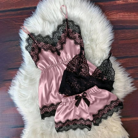 

yotyukeb Sleepwear For Womens Pajamas For Women V-Neck Eyelash Lace Stain Camisole Pajamas Bowknot Shorts Set