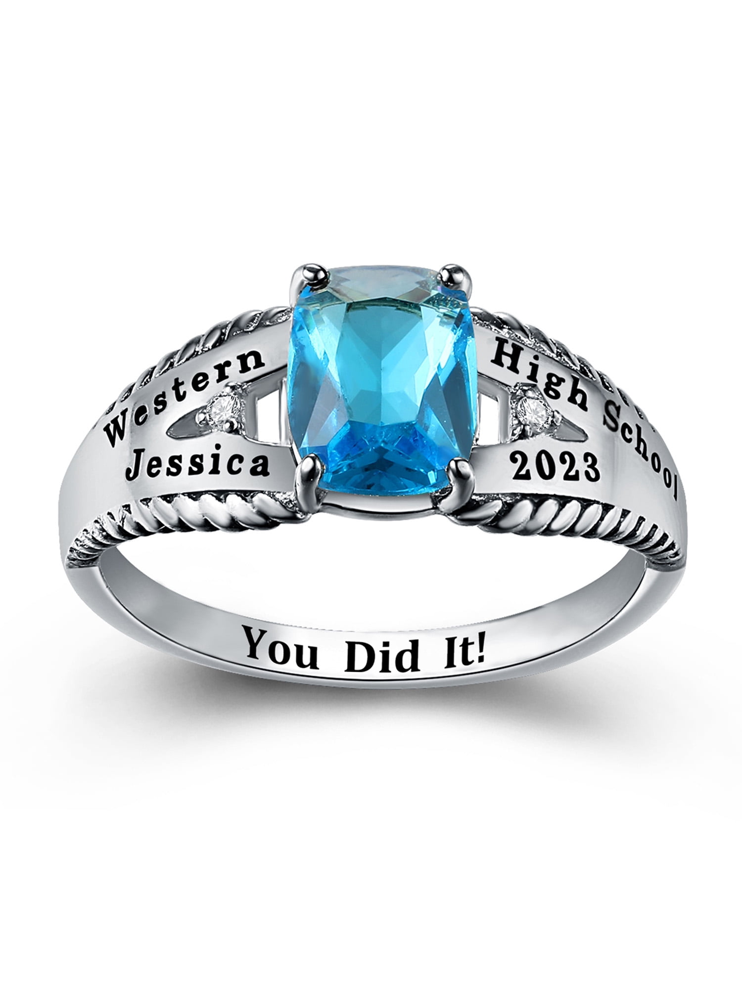 Mementos USA Custom Women's Class Rings Sterling Silver for High School or College-Rhodium Plated
