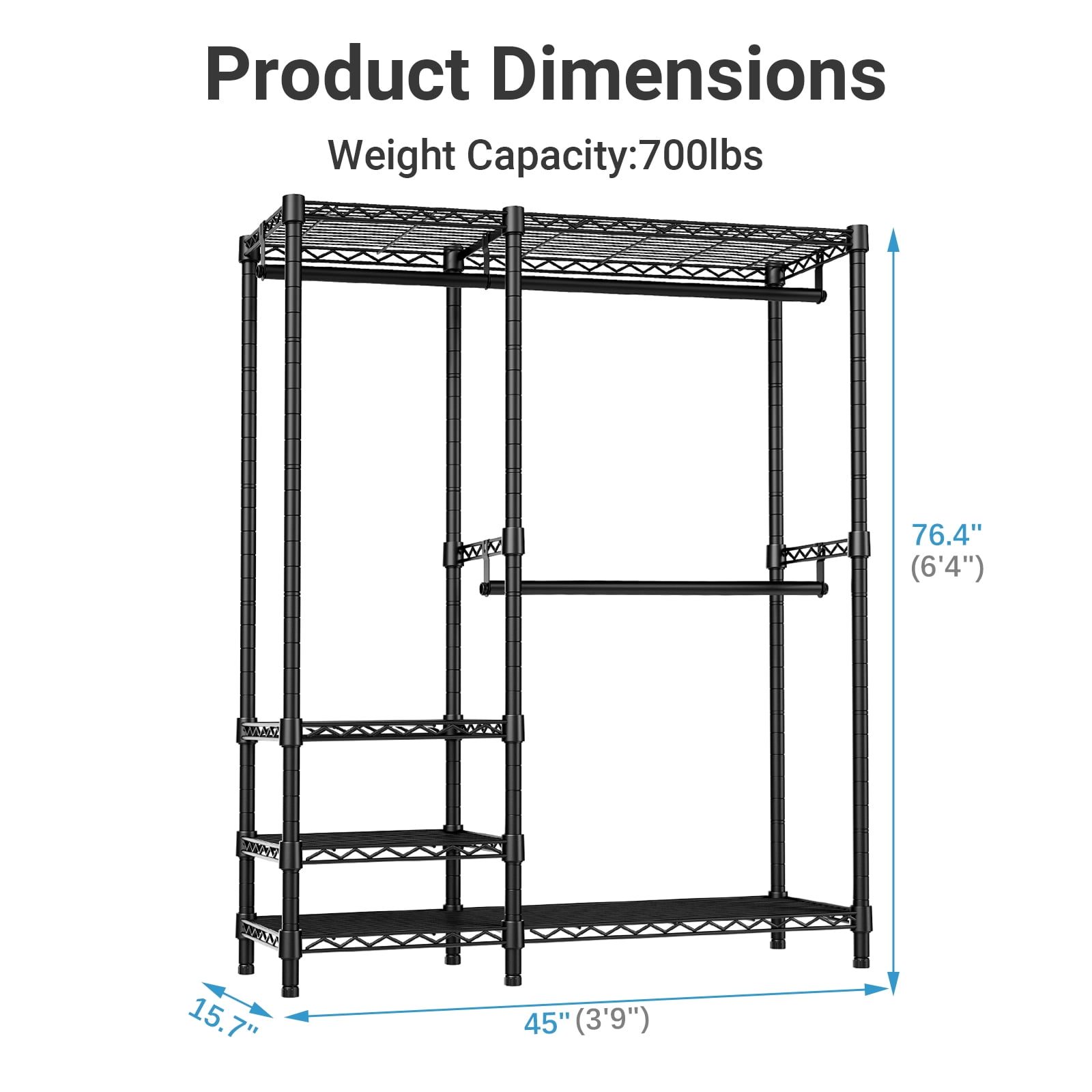 VIPEK V2i Heavy Duty Garment Rack, 700LB Capacity Portable Closet System with 4 Adjustable Shelves & 2 Hanging Rods, Freestanding Wardrobe,Black
