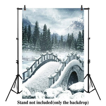 Christmas Winter Landscape Photos HelloDecor Polyster 5x7ft Xmas new year photography photo backdrop background winter landscape mountains white ice snow forest pine Frozen lake with a bridge ()