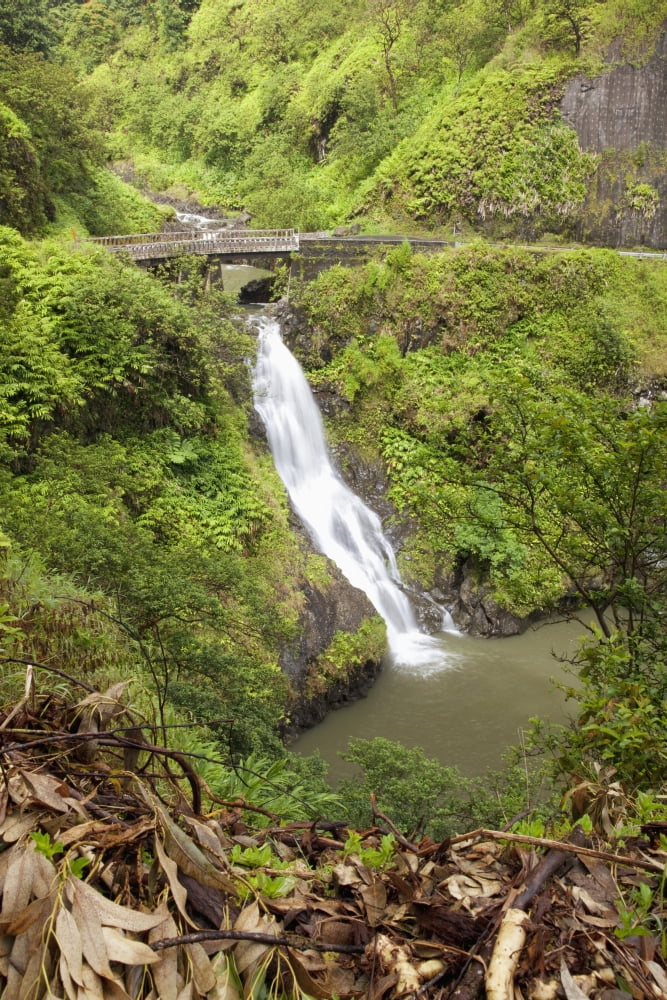 Hawaii Maui Hana Wailua Falls beaneath a bridge along the road to Hana ...