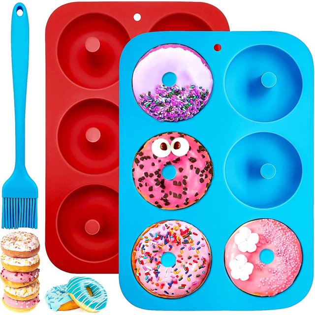 Paquete de 2 moldes de silicona para donas, 6 cavidades, moldes para pasteles antiadherentes resistentes al calor, ideales para pasteles, galletas, bagels, muffins