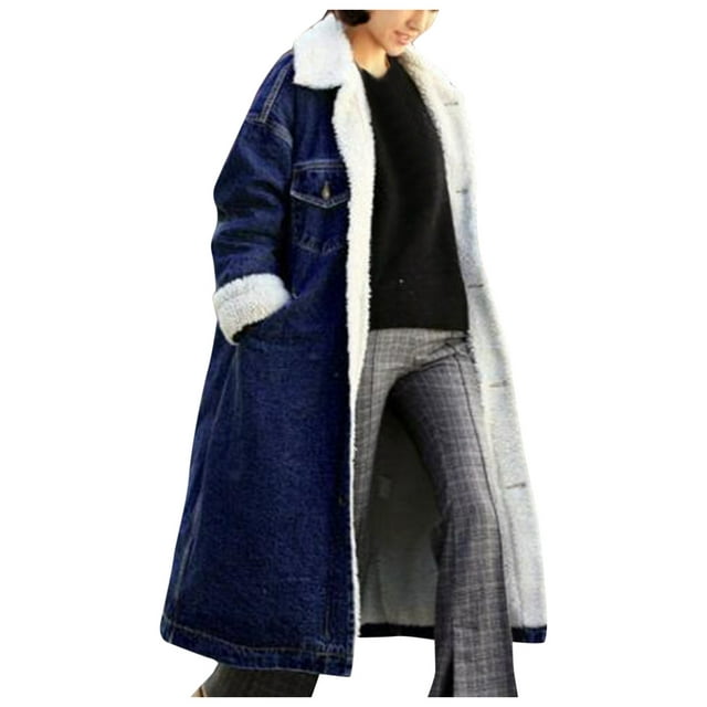 iOPQO hoodies for women Winter Womens Jean Jacket Thicken Warm Fleece Long Denim Coat Punk Outwear Women's Fleece Jackets Dark blue L