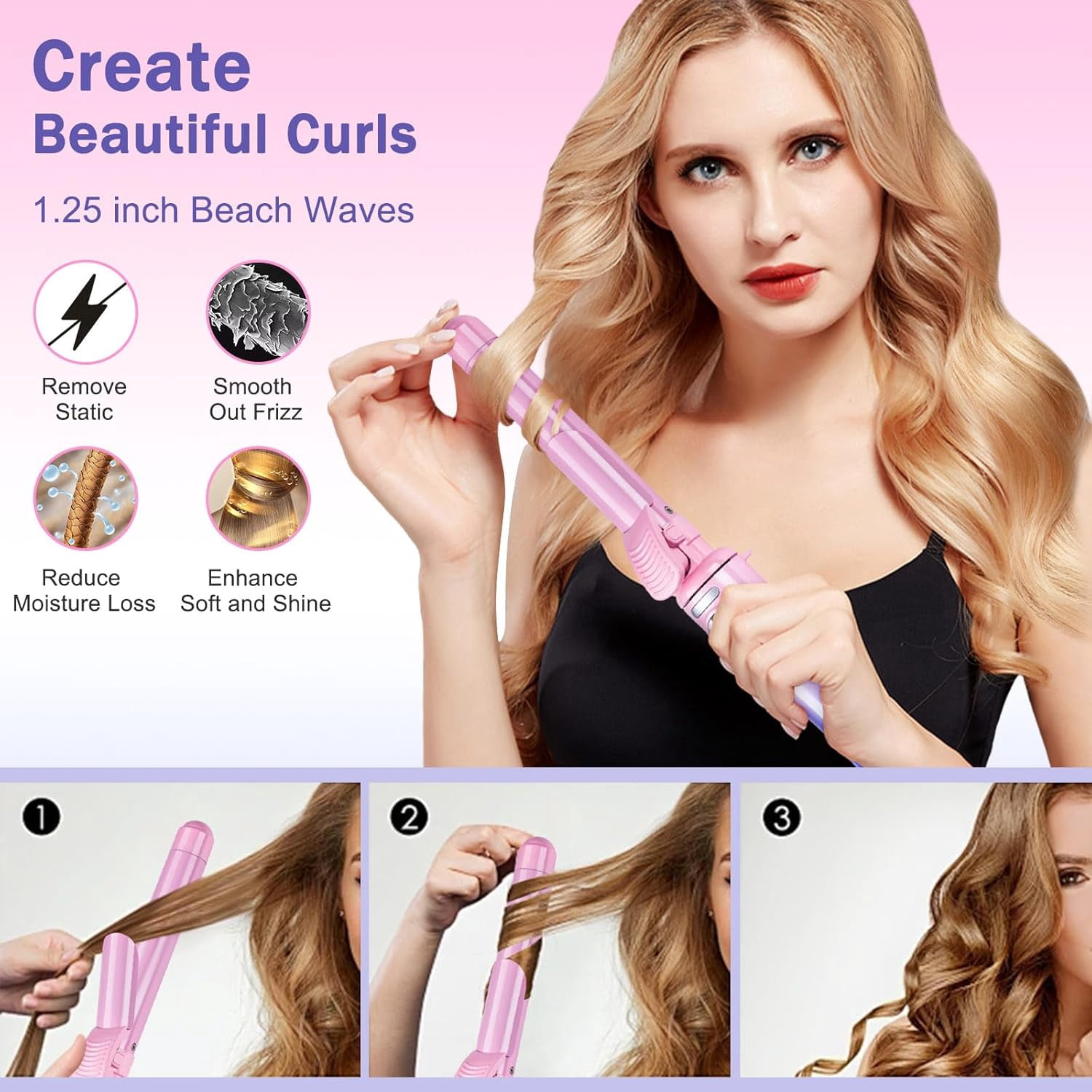 Curling Iron，Automatic Curling Iron，Ceramic Material Does not harm Hair, Temperature Display, Ceramic Heat Pipe Length 5.1 inches，Pink Sunse