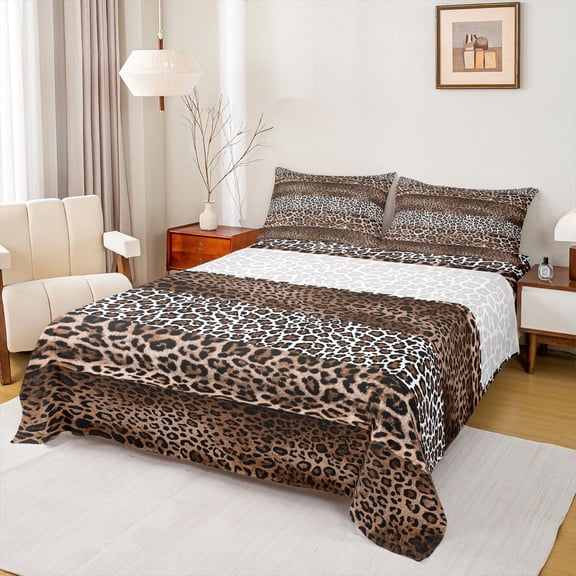 Castle Fairy Boys Girls Brown Leopard Print Twin Sheet Sets,Animal Print Patchwork Bedding