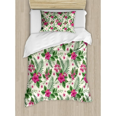 Nature Bedding Sets Watercolor Duvet Cover Set, Plumeria and Hibiscus Flora Tropical Island Nature Aloha Hawaii Jungle, Decorative Bedding Set with Pillow Shams, Magenta Cream Green, by Ambesonne ()