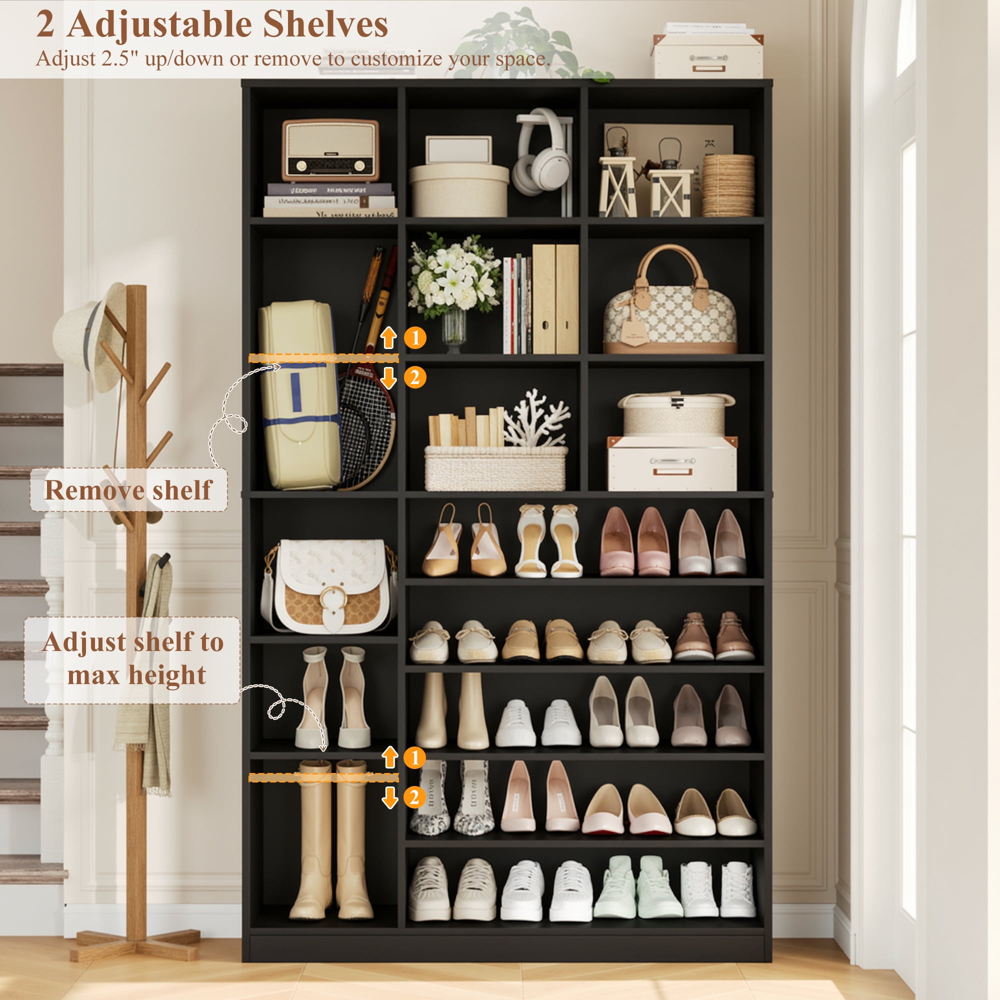 Hiphuta 74" Tall Shoe Storage Cabinet, 6 Tier Shoe Rack Organizer with Adjustable Shelves, Cube Storage Cabinet for Entryway Bedroom Living Room, Black