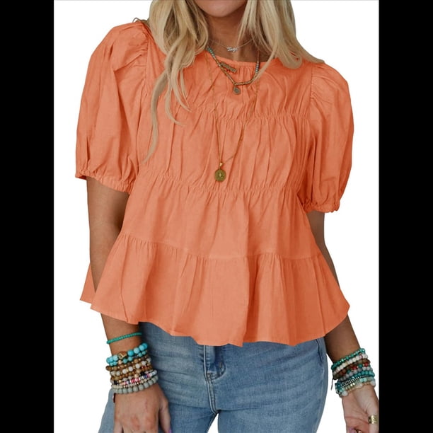 Camisetas Babydoll Peplum con Mangas Abullonadas para Mujer, de Algodón Ahumado Plisado, Holgadas e Informales, de Verano. Color Naranja L