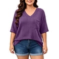 thumbnail image 2 of vdgthytj Womens Plus Size Tops Short Sleeve V-Neck Ribbed Knit Sweater Loose Fitted Summer Casual Tunic with Pocket, 2 of 7